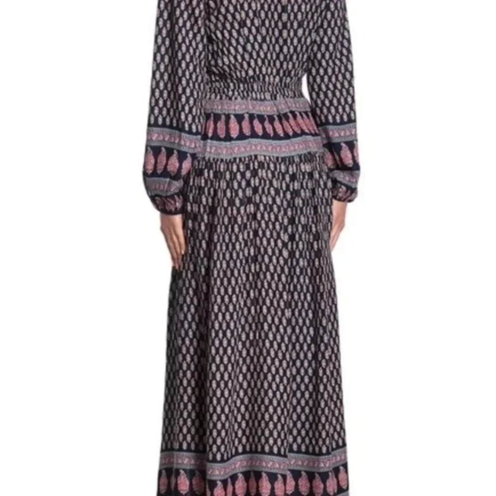 Raga Anthropologie Avah Geometric‎ Split Front Long Sleeve Boho Dress Small